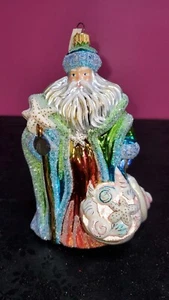 Glassware Art Studio Seashell Santa Glittered Poland Blown Glass Ornament NEW - Picture 1 of 6