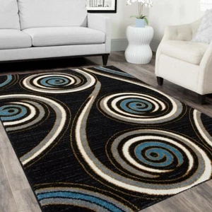 Swirls Pattern Peacock Design Area Rug Black/Blue/White/Yellow - Picture 1 of 8