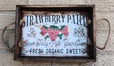 Decorative Wood Tray - Stained Walnut - Strawberry Patch - Rustic Farmh  - Image 1 of 3