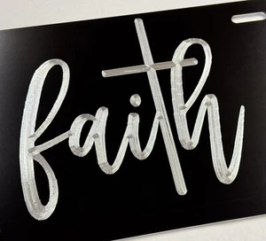 Faith Cross Christian Gift Car Tag Diamond Etched Black Metal License Plate - Picture 1 of 7