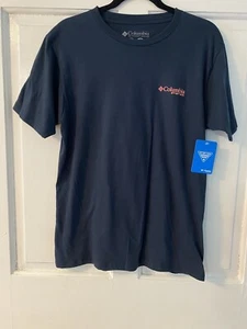 NWT Columbia PFG Men's Crew Neck Short Sleeve T-shirt Navy w/ Pink Logo Size Med - Picture 1 of 7