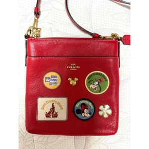 Disney x Coach Kitt Messenger Red Pebbled Leather Patches Crossbody Bag Japan - Picture 1 of 7