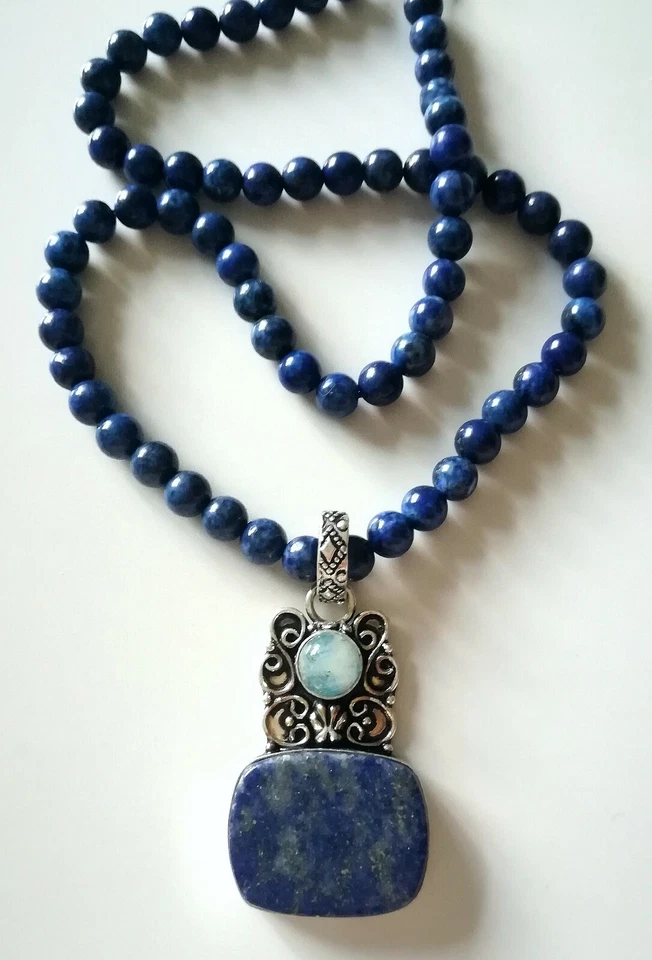 COLLANA LAPISLAZZULI NATURALI CON PENDENTE IN ARGENTO 925 E LARIMAR DEI CARAIBI - Immagine 1 di 4