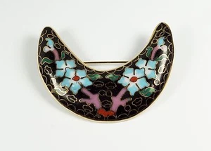 Vintage Chinese Cloisonne Enamel Crescent Moon Pin Brooch - Picture 1 of 3