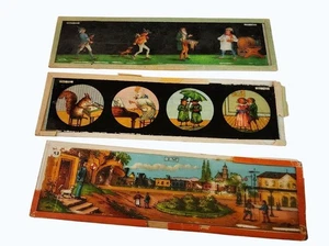 3 Antique Magic Lantern Glass Slides - People, Anthropomorphism, Village Life - Picture 1 of 5