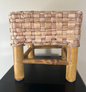 Vintage Square Basket Weave and Bamboo Stool/Planter - Picture 1 of 5