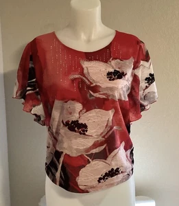 JM Collection Shirt Damen Large Petite Rot Schwarz Blumen Schmetterling Kurzarm - Bild 1 von 16