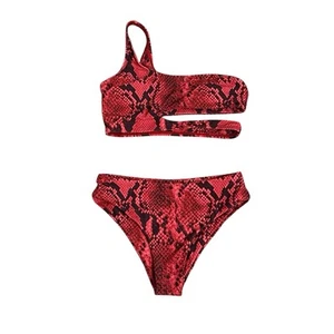 NEW Snakeskin Print One Shoulder Bikini Size XS Red Black Cutout Festival NWOT - Picture 1 of 7