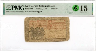 New Jersey Colonial Note Fr#NJ-99 June 22, 1756 3Pd PMG F-15 GCC Green *11 Known - Image 1 of 3