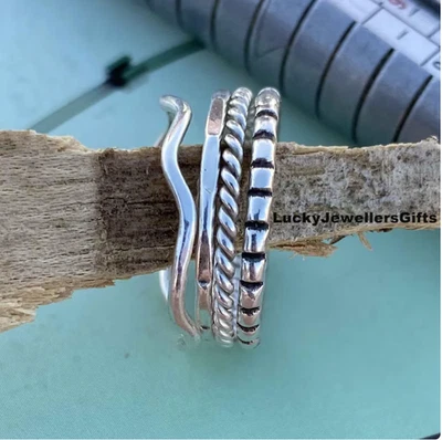 Sterling Silver Stacking Ring Set: Engraved Boho Bands, Handmade All Size - Image 1 of 4