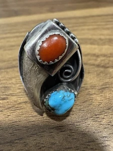 Anillo Navajo Turquesa Coral Talla 8 Plata de Ley Hombre (firmado TR) - Imagen 1 de 8