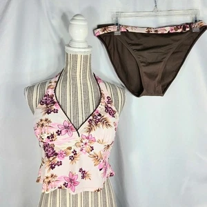 Tankini Top Halter Espalda Abierta Estampado Floral Marfil Marrón Chisme Talla Mediana - Imagen 1 de 10