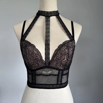 Victoria’s Secret Black Lace Harness Bralette 34C Longline Mesh Bustier Lingerie - Image 1 of 4