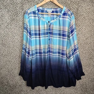 Catherines Top Womens Plus 2X 22/24W Blue Plaid Popover Blouse Casual Ladies - Picture 1 of 8