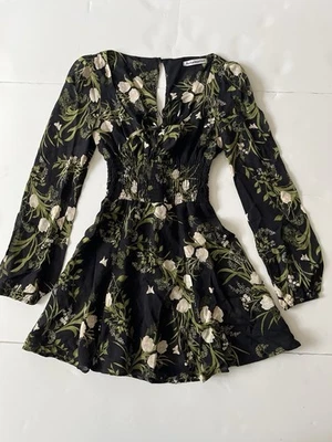 Reformation Wilder Anastasia Dress Women 2 Black Green Floral Mini  Y2K Smocked - Image 1 of 4