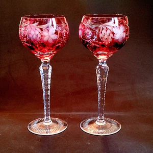 NACHTMANN TRAUB RUBY TALL WINE HOCK GLASSES, Cut Lead Crystal, 8 1/4", 8 Oz, 2PC - Picture 1 of 10