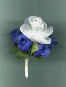 BRIDE DOLL BOUQUET - BRIGHT BLUE ROSEBUDS AROUND WHITE SILK ROSE W/ JEWEL CENTE - Picture 1 of 2