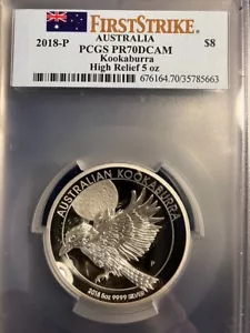 2018 P Australia 5 oz Kookaburra High Relief $8 PCGS 70 DCAM First Strike - Picture 1 of 2