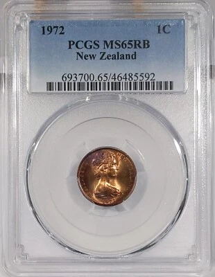 Nueva Zelanda 1972 1 centavo graduación profesional MS65 rojo marrón con magnífico tono arco iris Foto 1 de 4