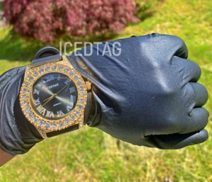 LUXURY PREMIUM SILICONE BLUE BAND STRAP QUARTZ ICED BLINGED OUT HIP HOP WATCH - Picture 1 of 5