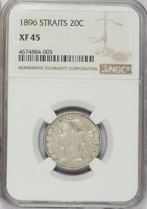 1896 Straits 20 Cents NGC XF45. Free Shipping. - Picture 1 of 2