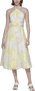 Calvin Klein Yellow White Grey Floral A-Line Tea Length Halter Dress Size 10 - Picture 1 of 13