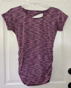 Reebok Small Purple Stripe Short Sleeve Shirt Top S Ruching Activewear Workout - Picture 1 of 9