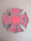 VINTAGE Fire Department Metal Plaque Marker Red MEMBER OLD TOWN CHIEF   5 3/4"