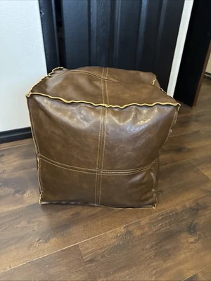 Cubo puf otomano hecho a mano de cuero MJ sin relleno 16x16 reposapiés marrón Foto 1 de 4
