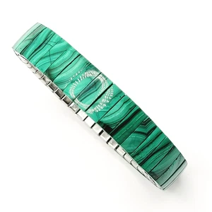 Malachite Stone Green Veneer Panel Stainless Steel Expanding Vintage Bracelet - Picture 1 of 22