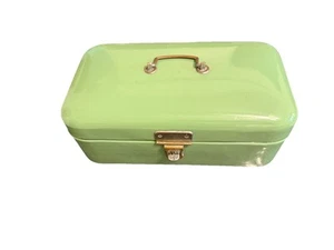 Vintage Bread Box Bin Enamel Enamelware Czech Large Avocado Green Graniteware - Picture 1 of 16