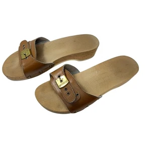Sandalia Dr. Scholl’s Vintage Años 70 Pescura Madera Cuero Tostado Deslizable Mujer’s Talla 7 - Imagen 1 de 8