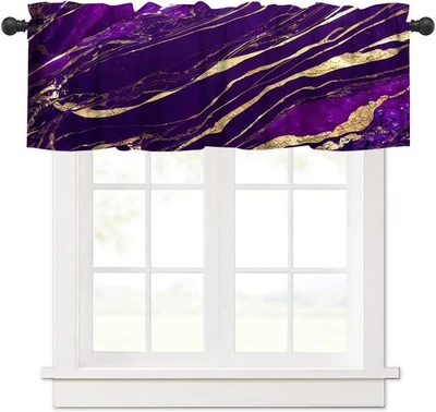 Marble Valance Curtains for Window, Abstract Modern Art Purple and Gold Patch... - Image 1 of 4