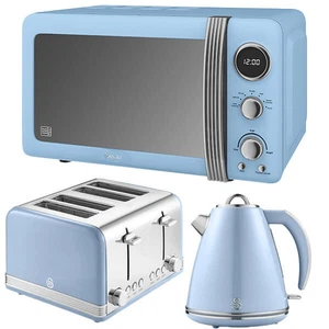 Swan Retro Blue 1.5L Kettle, 4 Slice Toaster & 20L Digital Microwave Set - Zdjęcie 1 z 6