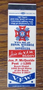 FRATERNAL V.F.W. POST 1205 MATCHBOOK COVER: SAN FRANCISCO, CA MATCHCOVER -A9 - Picture 1 of 2