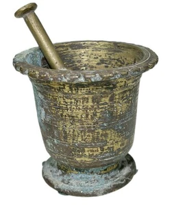 Pestello mortaio ottone bronzo ossidato pesante rustico vintage patina - Foto 1 di 7