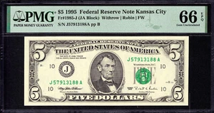 1995 $5 FEDERAL RESERVE NOTE KANSAS CITY FR.1985-J JA BLOCK PMG GEM UNC 66 EPQ - Picture 1 of 3