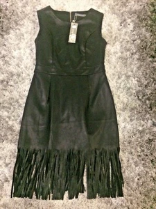 TRES CLASSE ROBE FEMME DROITE SIMILI CUIR NOIR AVEC FRANGE TAILLE XL - Picture 1 of 3