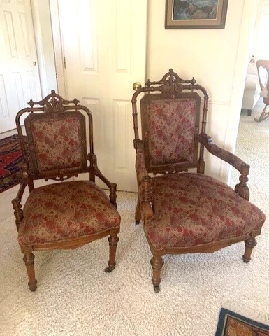 2 Antique 1850s Victorian Armchairs - Morris Arts & Crafts Style w/ Floating Box Cover
