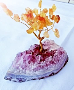 Bernstein - Glücksbaum - herzförmigem Kristall / Amethyst - Basis " Topzustand " - Bild 1 von 3