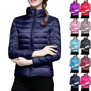 Women's Puffer Jacket Lightweight Quilted Padded Zip Up Stand Collar Down Coat - Picture 1 of 54