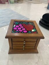 Vintage 1970s Wooden 8 Pc Coaster Set Cork Stained Glass Top Apple Grape Retro
