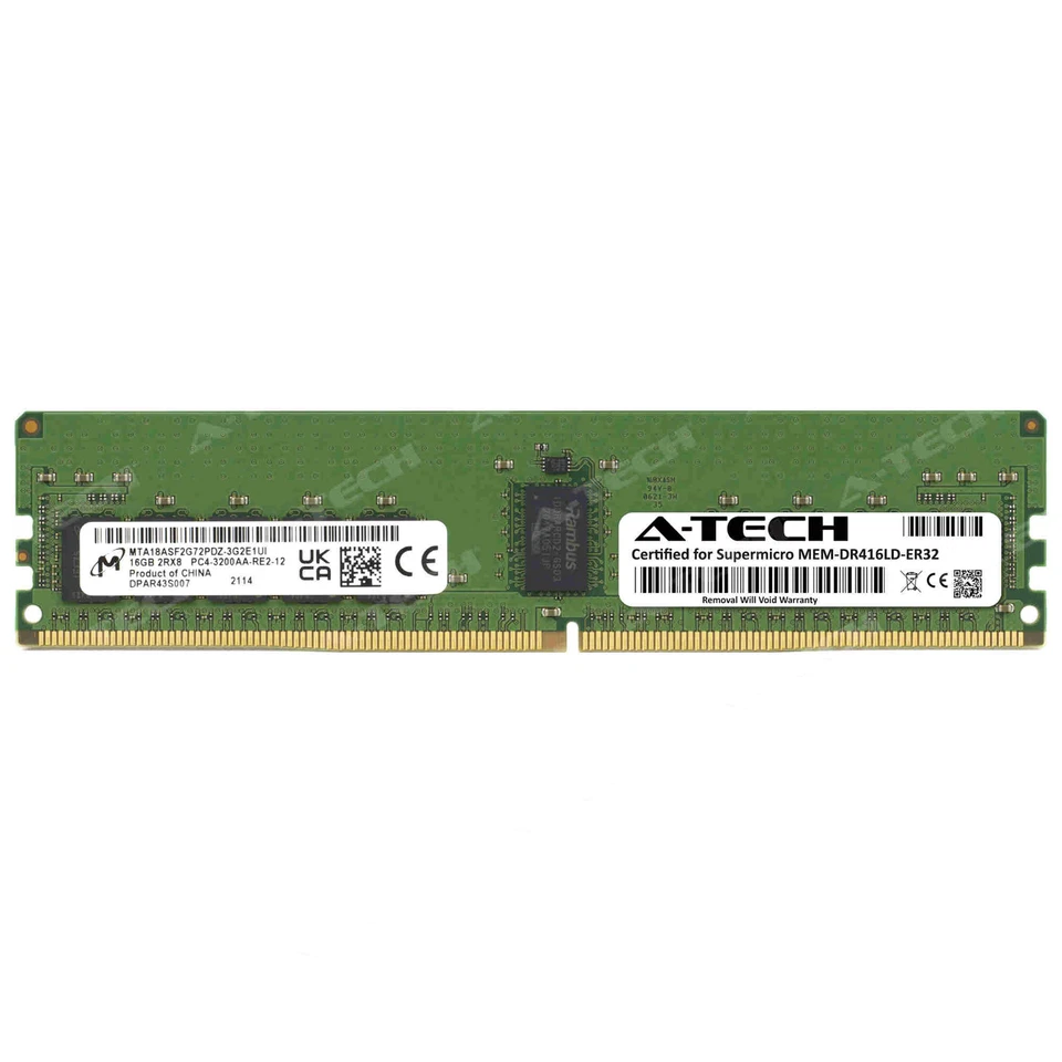 16GB PC4-25600 RDIMM Supermicro MEM-DR416LD-ER32 Micron Equivalent Memory RAM - Image 1 of 2