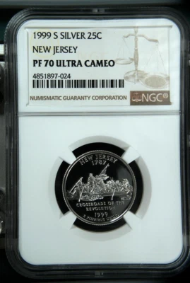 1999-S NEW JERSEY SILVER PROOF STATE QUARTER, NGC PF70 UC - Image 1 of 2