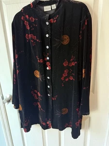 Chicos Black Red Silk Blend Velvet Burnout Dark Floral Artsy Boho Long Event 3 - Picture 1 of 7
