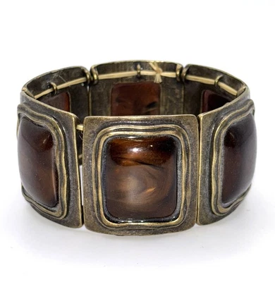 BRAZALETE ELÁSTICO VINTAGE ANCHO TONO DORADO LATÓN JASPEADO MARRÓN LUCITE CABUJÓN USADO EN EXCELENTE ESTADO Foto 1 de 2