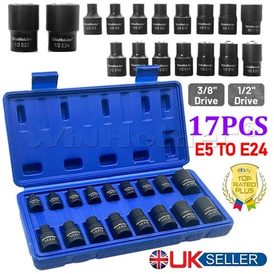 Female Impacted E Torx Star Sockets E5 - E24 3/8" 1/2" Drive 17pc Set Winholder - Image 1 of 4