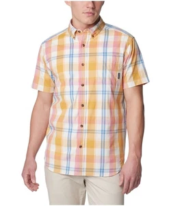 Columbia Mens Regular fit Short Sleeve Button-Up Shirt Small Pink Orange Plaid - Picture 1 of 1