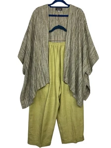 Eskandar 2 Pc. Tabard Shawl Jacket + Linen Pants Set Brown Green 0/1 M/L - Picture 1 of 18