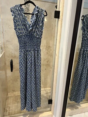 Nuevo con etiquetas Mono Max Studio Mujer XL Azul Blanco Amarillo Cintura Ajustada Pierna Ancha Foto 1 de 4